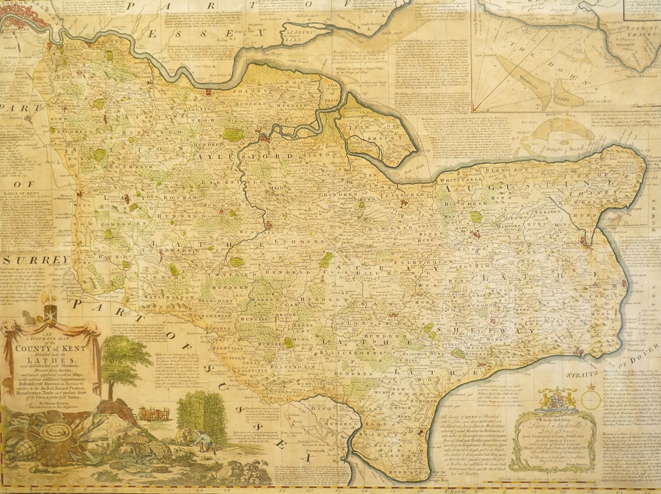 Emanuel Bowen (1694-1767), 'An accurate map of the County of Kent, divided into its lathes', hand coloured engraved map, printed for Laurie & Whittle, London, together with Robert Morden (c. 1650-1703), The County Palati